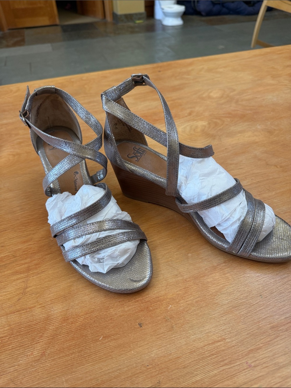 Sofft Pewter Strappy Crisscross Wedge Sandals